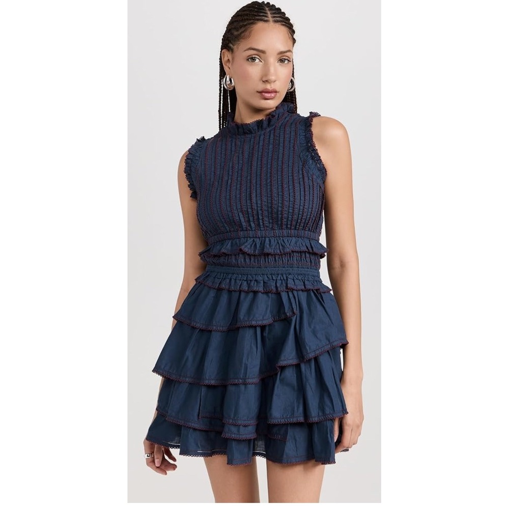 SEA New York Navy Blue Ruffled‎ Tiered Smocked Dress Size 4 - Picture 3 of 10